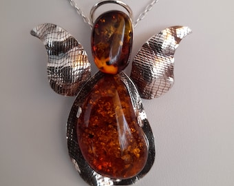 Pendant, silver angel pendant with amber, a unique, one-of-a-kind product.