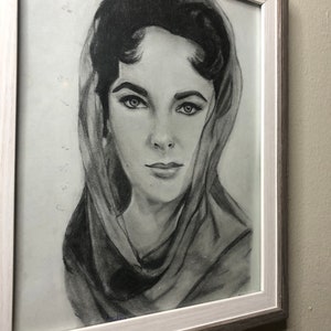 Elizabeth Taylor Wedding to Eddie Fisher, charcoal Portrait 8”x10”
