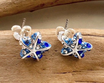 Ebb and flow starfish stud earrings - 925 silver rhinestone stud earrings blue silver maritime ebb and flow®