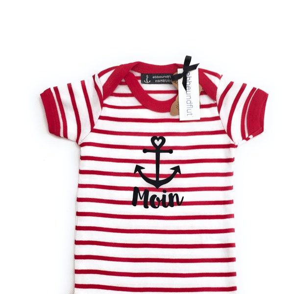 Ebbe und Flut Baby Body Moin - weiß/rot - maritimer Babybody Moin mit Anker, ebbe und flut®