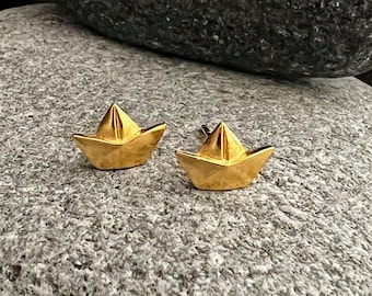 Ebb and flow earrings paper sailing boat large gold plated, special edition shiny gold plated - only a few pieces