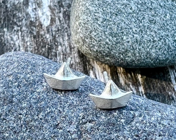 Earrings small paper sailboat matt silver plated paper boat studs ship maritime of low tide and tide®