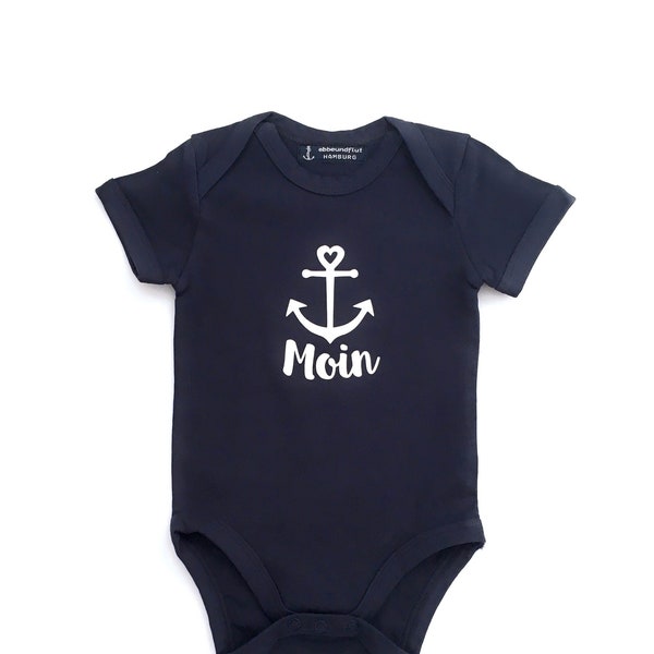 Ebbe und Flut maritimer Baby-Body Moin mit Anker dunkelblau - Baby Geschenk zur Geburt, Moin, Ostfriesland, Ostsee, Nordsee, ebbe und flut®