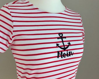 Ebbe und Flut Ringel Sommershirt Moin - rot weiß gestreift - Maritimes Damenshirt Moin mit Anker - Slim Fit, ebbe und flut®