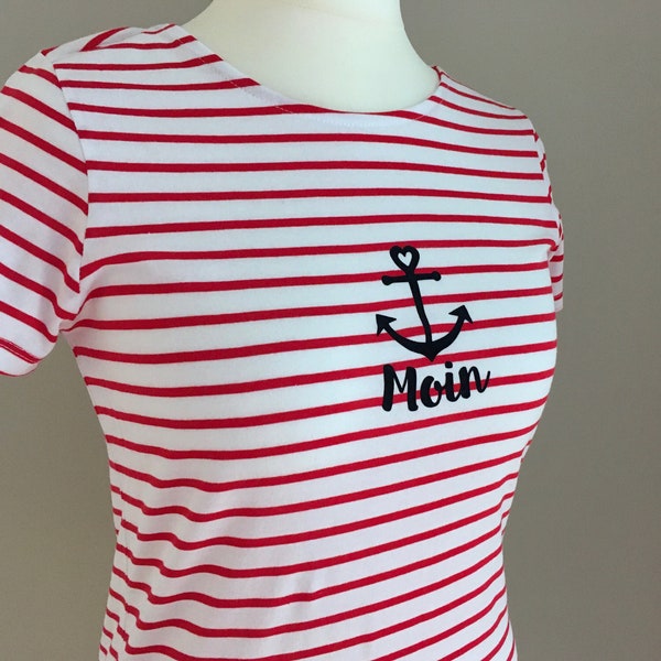 Ebbe und Flut Ringel Sommershirt Moin - rot weiß gestreift - Maritimes Damenshirt Moin mit Anker - Slim Fit, ebbe und flut®