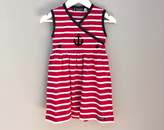 Dress coastal girl ebb and flow® red/white striped - anchor stripes, Breton dress girl, maritime children's dress anchor