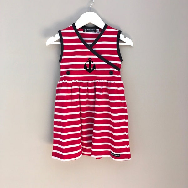 Ebbe und Flut Kleid  rot weiß gestreift - Anker Streifen, Breton Kleid Mädchen, maritimes Kinderkleid Anker