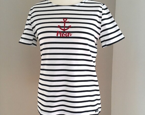 Women's T-Shirt Moin maritim - Dark Blue White Striped - Maritime Women's Shirt Moin with Anchor, Breton Shirt Stripes - Loose Fit