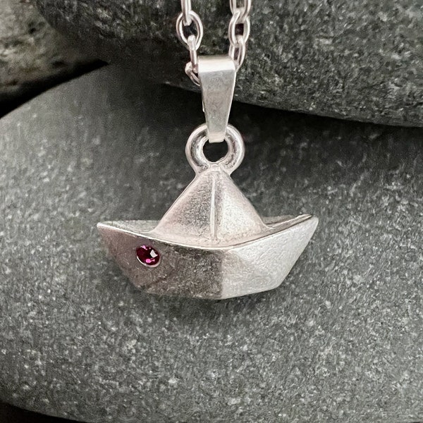 Ebb and flow necklace paper boat - maritime paper boat chain stone pink matt silver plated, ebb and flow®