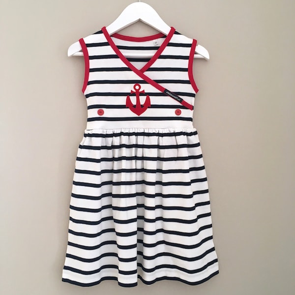 Ebbe und Flut Kleid Anker weiß rot gestreift - Anker Streifen, Breton Kleid Mädchen, maritimes Kinderkleid Anker