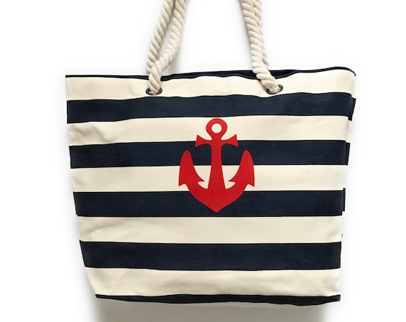 Maritime beach bag anchor love - linen canvas, large striped beach bag, tote bag stripes with anchor