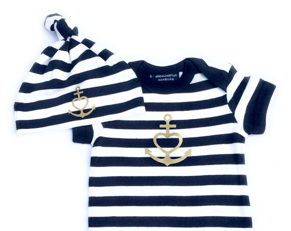 Baby Set "Anchor with Heart" Faith, Love, Hope, - Baby Body, Cap - blue white gold, Baby gift, Anchor, Heart, ebb and flow®