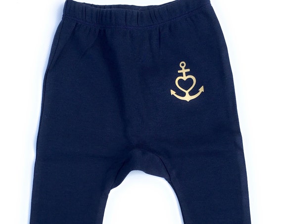 Baby Pants "Anchor with Heart" blue gold - Fair Trade & Organic - Baby Gift for Birth, Faith Love Hope, Heart Gold, Ebb and Flow®