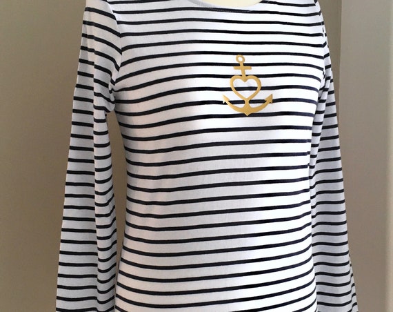 Light long-sleeved shirt anchor - white blue striped - Maritime women's shirt "Faith Love Hope", ebb and flow®, anchor with heart, Slim Fit