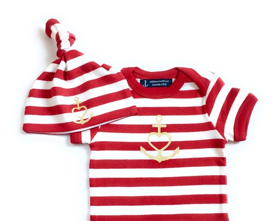 Baby Set "Anchor with Heart" Faith, Love, Hope-Baby Body & Hat-Red White Striped, Gold, Baby Gift, Gift to Birth,