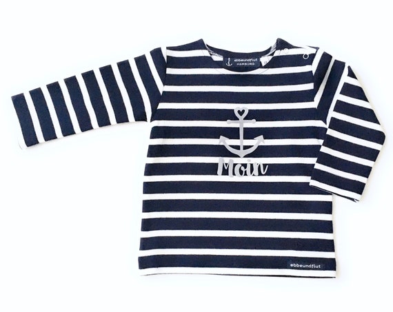 Baby Shirt Moin - Dark Blue White Striped - Breton Baby Shirt Maritim with Anchor, Breton Shirt Baby Moin, Baby Gift for Birth