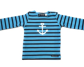 Ebbe und Flut Baby Shirt Anker mit Herz aquablau - Baby Shirt maritim mit Anker, Breton Shirt Baby, Baby Geschenk zur Geburt, ebbe und flut®