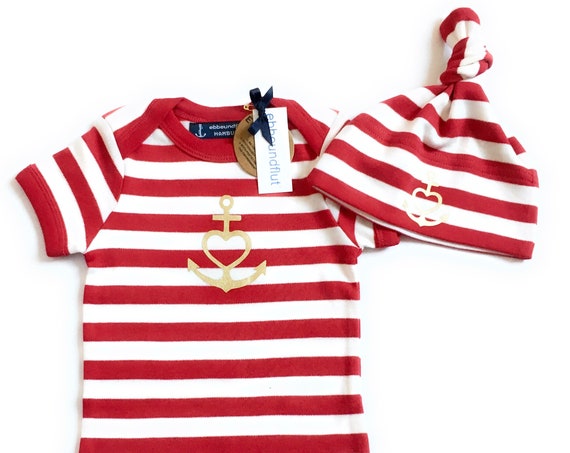 Baby Set "Anchor with Heart" Faith, Love, Hope - Baby Bodysuit & Hat - Red White Striped, Gold, Baby Gift, Birth Gift,