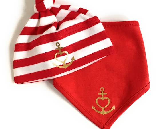 Baby Set Hat & Neckerchief "Anchor with Heart" Faith, Love, Hope-Red White gold-fair-Gift to Birth, Anchor, Heart, Love, Baptism