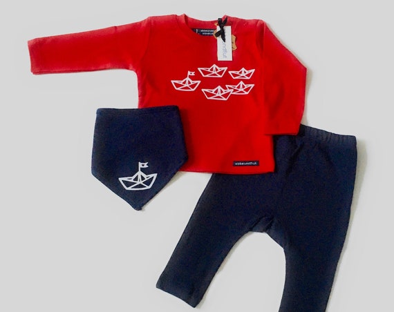 Baby Set "Paper Ship" Long Sleeve Shirt, Pants & NeckScarf - Fair Trade - Maritime Baby Set, Gift for Birth