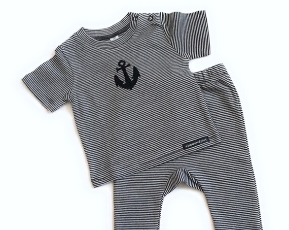 Maritime Baby Set ANKER - Blue White - fair & organic - Baby gift for birth, baby shirt anchor, set striped, baby set anchor