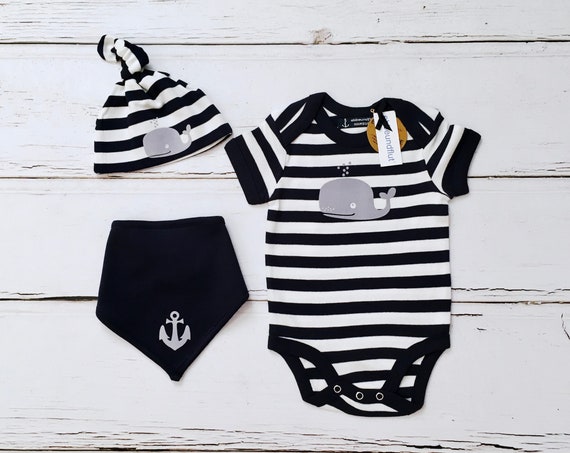 Maritime Baby Set Whale - 3 pieces - Fair Trade & Organic - Baby gift for birth, baby cap, baby body, Hamburg baby set, ebb and flow®