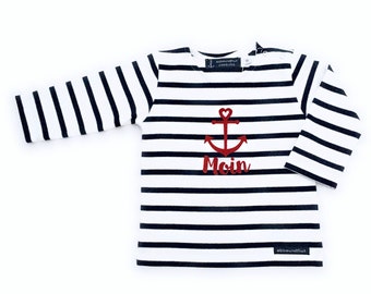 Ebbe und Flut Baby Shirt Moin - weiß blau gestreift - Breton Baby Shirt maritim mit Anker Moin Baby Geschenk zur Geburt, ebbe und flut®