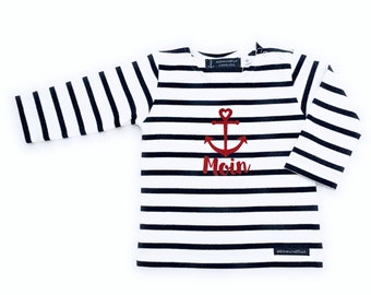 Ebb and Flow babyshirt "Moin" - wit en blauw gestreept - Bretons babyshirt, nautisch met anker, "Moin" kraamcadeau, ebbe und flut®