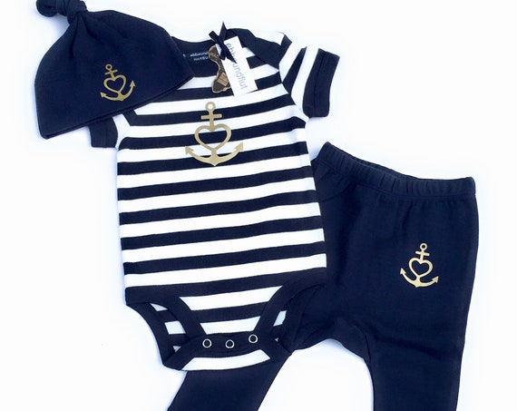 Baby Set "Anchor with Heart" Faith, Love, Hope - Baby Body, Cap & Pants - blue white gold, gift for birth, low tide and tide®