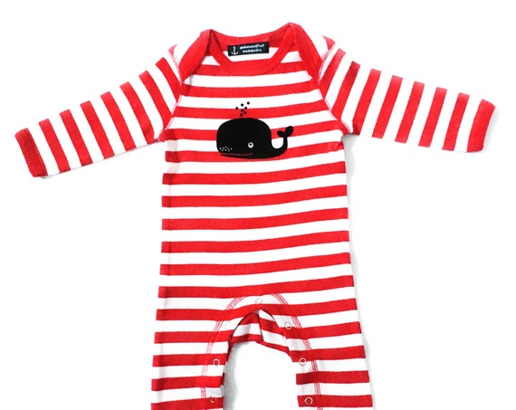 Maritime baby romper whale red white - fair fair trade - baby gift for birth, baby, baby romper, whale striped by ebbeundflood