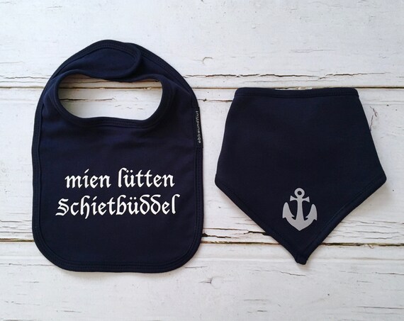 Set "Schietbüddel" Cloth & Bib Dark Blue-Fair Trade, Neckerchief, Sabberlatz, Latz, Schietbüdel, Anchor, Hamburg Gift, Flat German