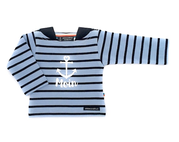 Baby Breton Shirt Moin - Light Blue/Dark Blue Striped Shirt, Maritim Shirt, Breton Shirt, Baby Gift for Birth, Moin Anchor with Heart