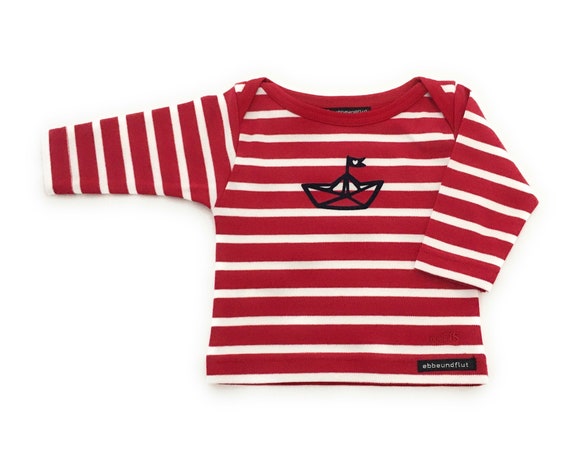 Baby Shirt Paper Ship - Red White Striped Shirt, Maritim Paperboats, Breton Shirt Baby, Baby Gift for Birth