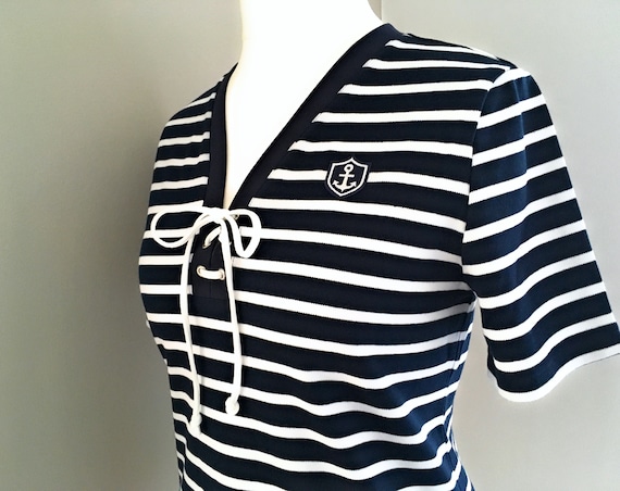 Maritime Women's Shirt Anchor - Blue/White Striped - Women's Shirt Anchor, Breton Shirt Stripes, Shirt with Lacing