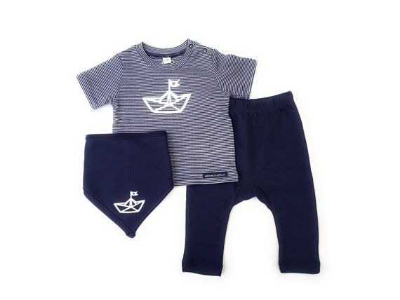 Maritime baby set paper boat blue/white - fair & organic - baby kit, baby shirt, scarf and trousers, gift for birth, ebb and flow®