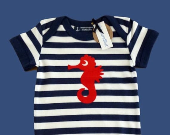 Maritime baby body seahorse blue white striped - Fair Trade &Organic - Baby gift for birth, seahorse, low tide and tide®