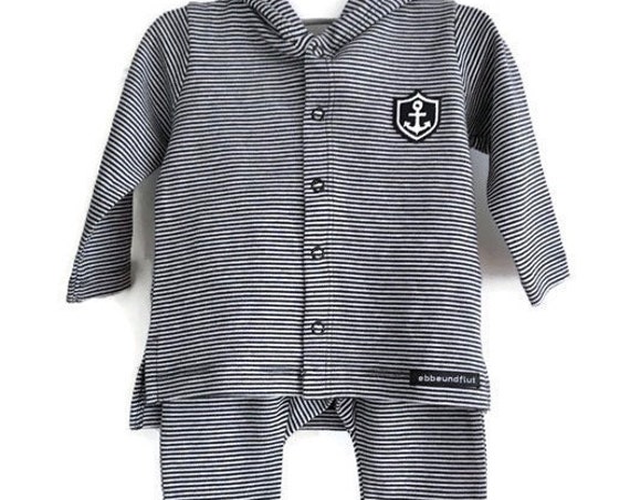 Baby set "Little Captain"-baby jacket, baby pants-blue/white striped-Fair Trade, Organic, Gift to Birth, Maritimes Set, Anchor