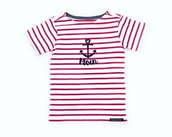 Ebbe und Flut Kinder T-Shirt "Moin" - weiß/rot - Fair Trade & Organic - Kids Shirt, Streifenshirt maritim mit Anker, ebbe und flut®