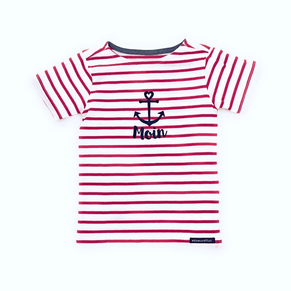 Ebbe und Flut Kinder T-Shirt "Moin" - weiß/rot - Fair Trade & Organic - Kids Shirt, Streifenshirt maritim mit Anker, ebbe und flut®