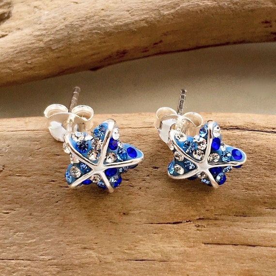 Ebb and flow starfish stud earrings - 925 silver rhinestone stud earrings blue silver maritime ebb and flow®