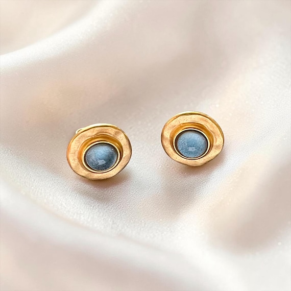 Ebb and Flow Stud Earrings Baltic Gold Blue - Round 22K matte gold-plated with blue glass stone and silver leaf - round earrings gold blue