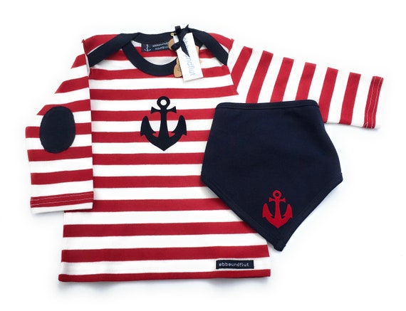 Maritime Set Long Sleeve Shirt & Cloth Anchor Red/White/Blue - fair - Hamburg Gifts, Birth Gift, Baby Set, Ship, Hamburg