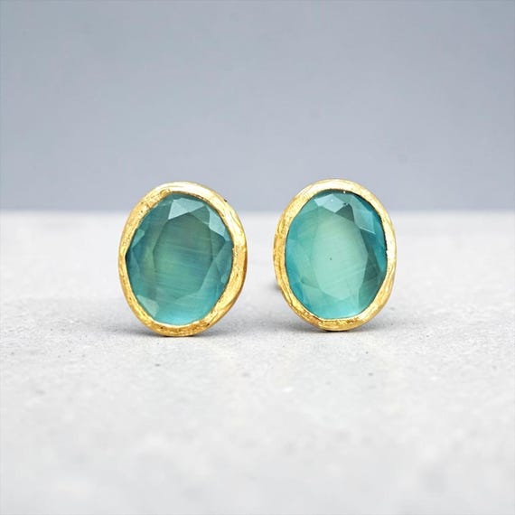 Gold Turquoise Glow Stud Earrings - Small Baltic Gold Earrings, Minimalist and Elegant