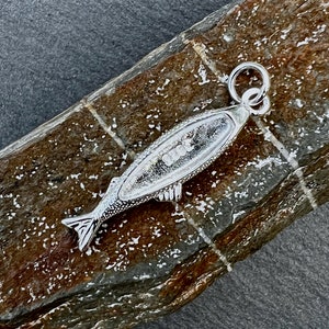 May include: A silver fish charm pendant with a detailed design. The charm is sitting on a brown and gray stone.