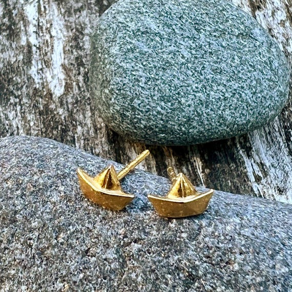 Ebb and Flow Stud Earrings, Small Paper Sailboat, 22 Karat Gold Plated, Paper Boat Stud Earrings, Ship, Maritime Mini