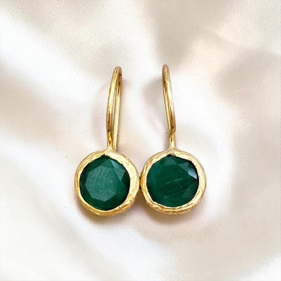 Ebb and Flow Gold Drop Earrings, Emerald Green, Small - Baltic Gold Earrings, Minimalist and Elegant, 24-Carat Gold Plated, Size S