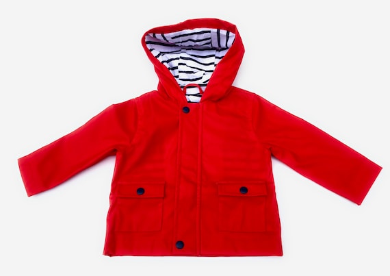 Ebb and flow children's rain jacket, Friesian mink, red, lined, blue and white stripes, red jacket, waterproof, lined, ebb and flow®