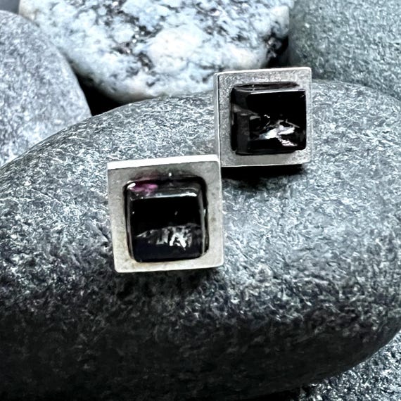 Ebb and Flow Stud Earrings Square Silver Plated - small square stud earrings with black-violet glass stone with silver leaf