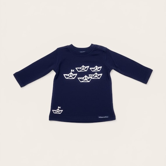 Ebb and Flow Baby Shirt Paper Boats - Dark Blue White Nautical Long-Sleeve Baby Shirt, Baby Gift, ebbe und flut®