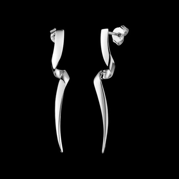 925 Sterling Silver Wave Earrings, Long | Spiral Drop Earrings | Nautical Earrings | Rhodium-Plated Sterling Silver Earrings | Nordic Jewelry